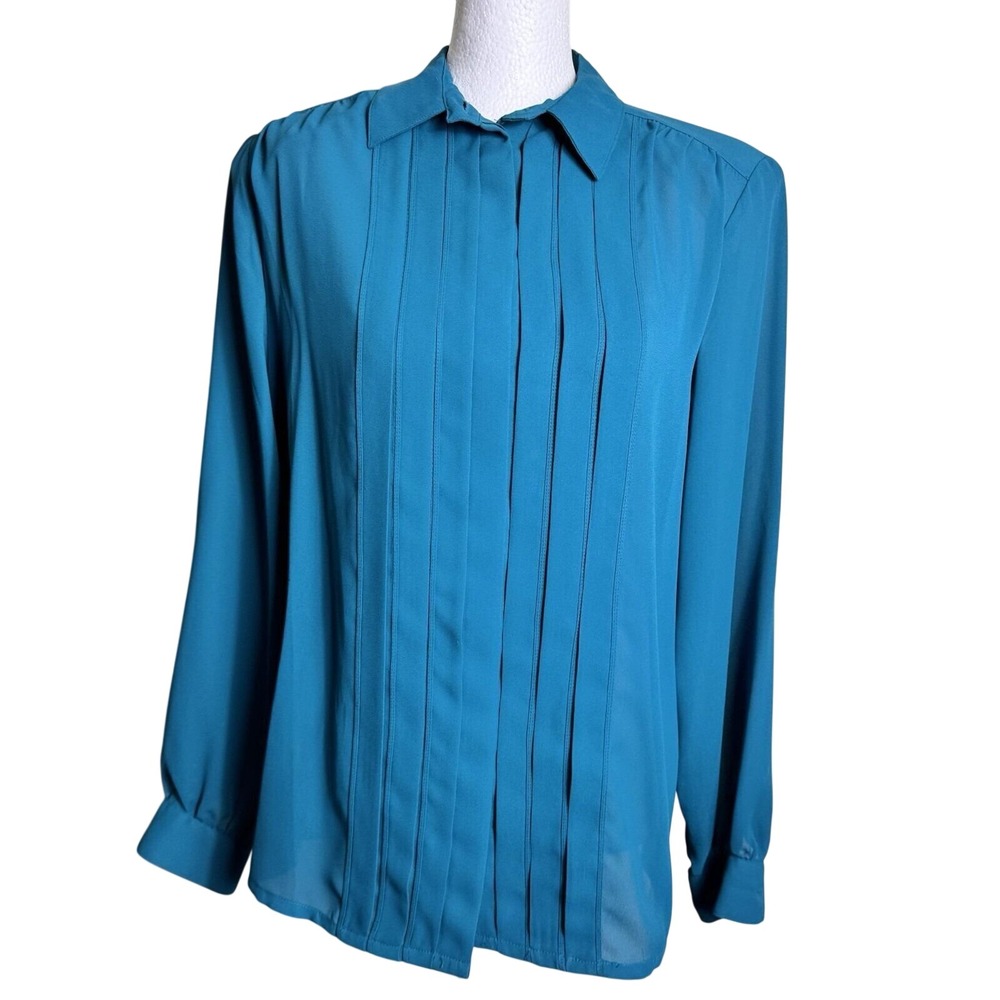 Vtg Dana Alexander Teal Pleated Blouse 6 Hidden‎ Button Tuxedo Front Chiffon 90s